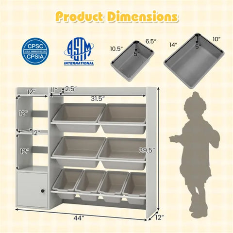 Kids Toy Organizer (Grey) - 44"x12"x39.5", 8 Storage Boxes, Open Shelves+Cabinet.