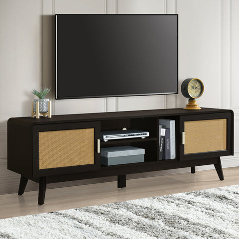 63 Dark Rattan TV Stand With 2 Storage Cabinets For 65 Inch TV, Entertainment Center With Solid Wood Legs, Media Console Table For Living Room, Bedroom