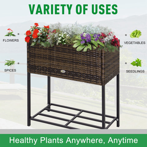 Raised Garden Bed, Elevated Planter Box With Rattan Wicker Look, Tool Storage Shelf, Portable Design For Herbs, Vegetables, Flowers, Brown