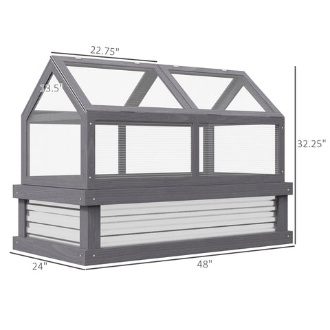 Raised Garden Flower Bed Kit w/ Greenhouse, Wooden Cold Frame Planter, Gray