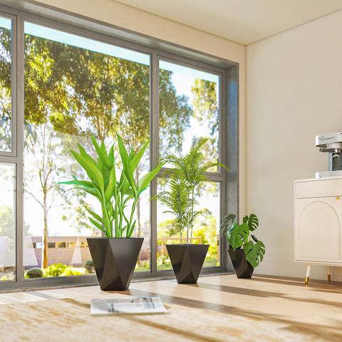 Indoor Outdoor Planters Set of 3 MgO Tall Planters Stackable Flower Pots with Drainage Holes for Garden, Balcony, Black