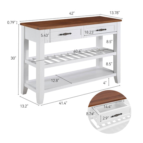 Retro Design Console Table With Two Open Shelves, Pine Solid Wood Frame And Legs For Living Room