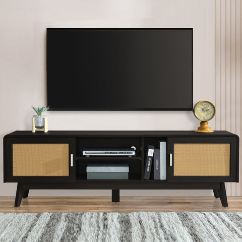 63 Dark Rattan TV Stand With 2 Storage Cabinets For 65 Inch TV, Entertainment Center With Solid Wood Legs, Media Console Table For Living Room, Bedroom