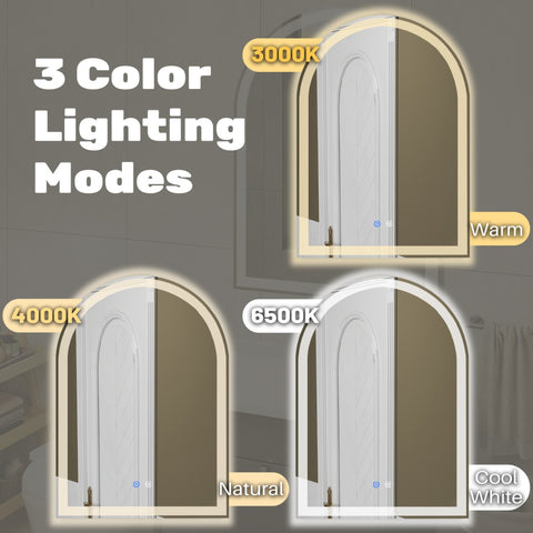 Smart Anti-fog LED Bathroom Mirror Arch Shape Dual Light 3 Color Temperatures Memory Dimming