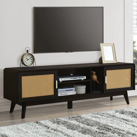 63 Dark Rattan TV Stand With 2 Storage Cabinets For 65 Inch TV, Entertainment Center With Solid Wood Legs, Media Console Table For Living Room, Bedroom