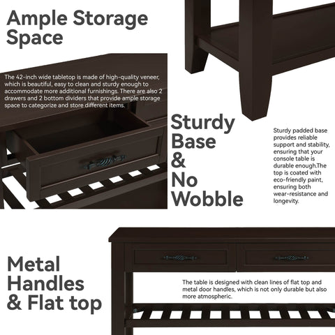 Retro Design Console Table With Two Open Shelves, Pine Solid Wood Frame And Legs For Living Room