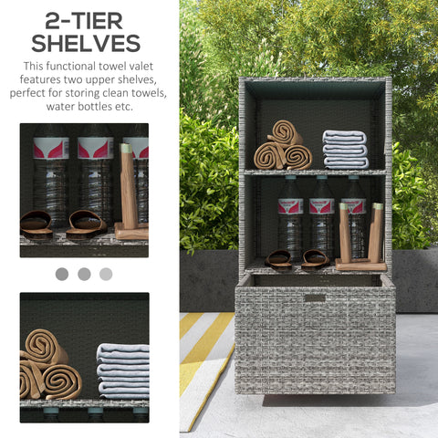 PE Rattan Pool Towel Rack with 2 Storage Shelves Basket Mixed gray