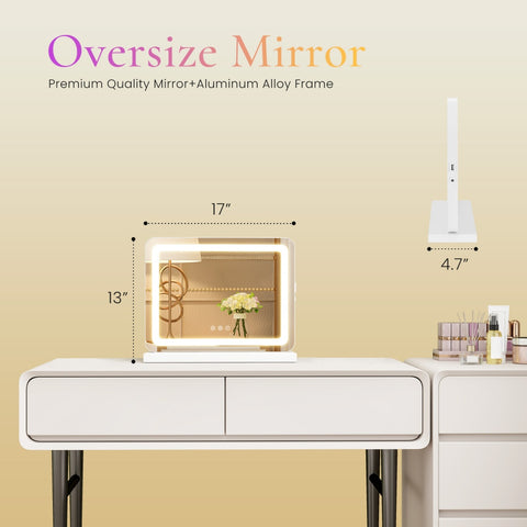 Vanity Mirror With Lights, LED Makeup Mirror With Dimmable 3 Color Modes, Touch Screen Control Vanity Based Mirror Desk Mirror Square White