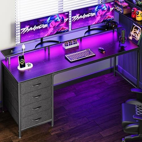 Computer Desk With A Power Socket And LED Light, A Game Desk With Four Drawers, And An Office Desk With A Monitor Stand---Black.40in