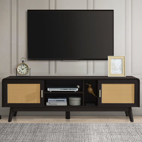 63 Dark Rattan TV Stand With 2 Storage Cabinets For 65 Inch TV, Entertainment Center With Solid Wood Legs, Media Console Table For Living Room, Bedroom