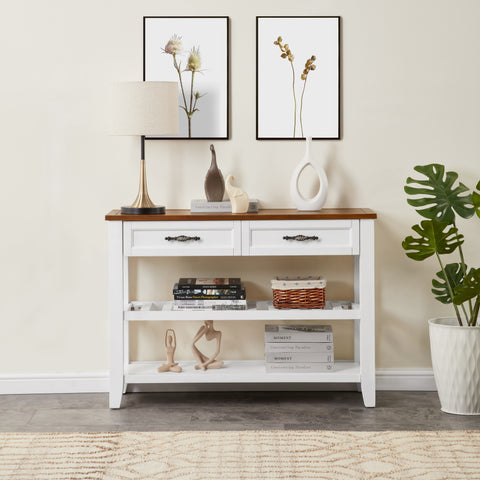 Retro Design Console Table With Two Open Shelves, Pine Solid Wood Frame And Legs For Living Room