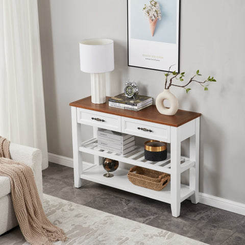 Retro Design Console Table With Two Open Shelves, Pine Solid Wood Frame And Legs For Living Room