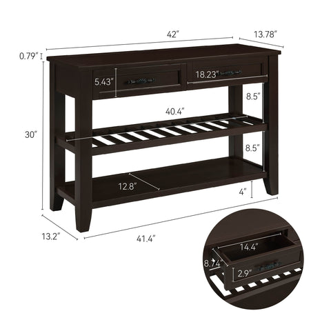 Retro Design Console Table With Two Open Shelves, Pine Solid Wood Frame And Legs For Living Room