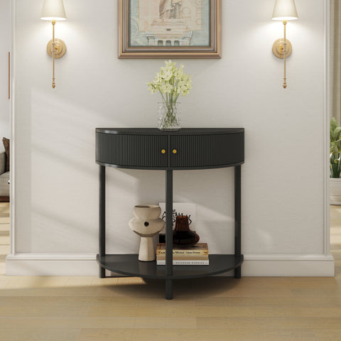Artisan-Crafted Wave-Pattern Demi-Lune Console Table With Dark Gray Finish,Unique Half Moon Design End Table With 2 Storage Drawers And Bottom Shelf For Living Room, Bedroom, Study, Hallway