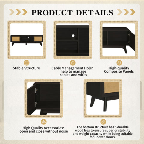 63 Dark Rattan TV Stand With 2 Storage Cabinets For 65 Inch TV, Entertainment Center With Solid Wood Legs, Media Console Table For Living Room, Bedroom