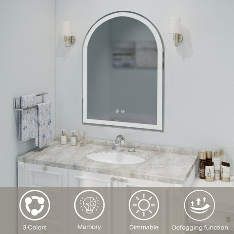 Smart Anti-fog LED Bathroom Mirror Arch Shape Dual Light 3 Color Temperatures Memory Dimming