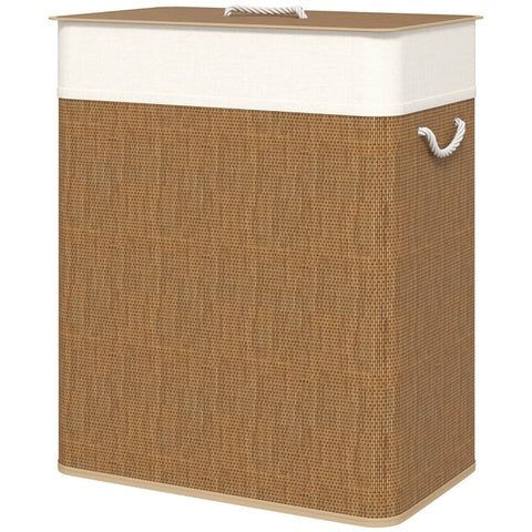 Double Laundry Basket With Lid, 26.4 Gallon Bamboo Laundry Hamper With Rope Handles And Removable Liner, Brown