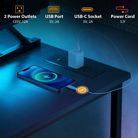 58" Reversible L Shaped Computer Desk, Corner Desk With Monitor Stand, Power Outlets And LED Lights, Black