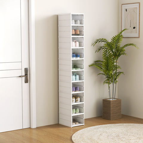 Stackable Plastic Shoe Boxes, 10 Pack Foldable Shoe Storage Boxes With Clear Door, No Assembly, Fit Size 10, White