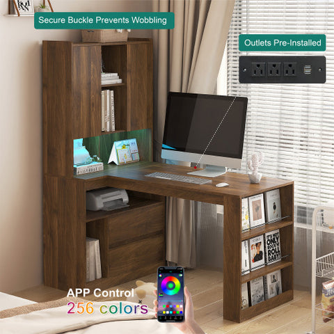 L Shaped Desk,Computer Desk With Drawers,Bookshelf,with LED Light,Modern Corner Desk,Home Office Desk,L-Shaped Study Table Writing Desk,Corner Gaming Computer Desk With Storage